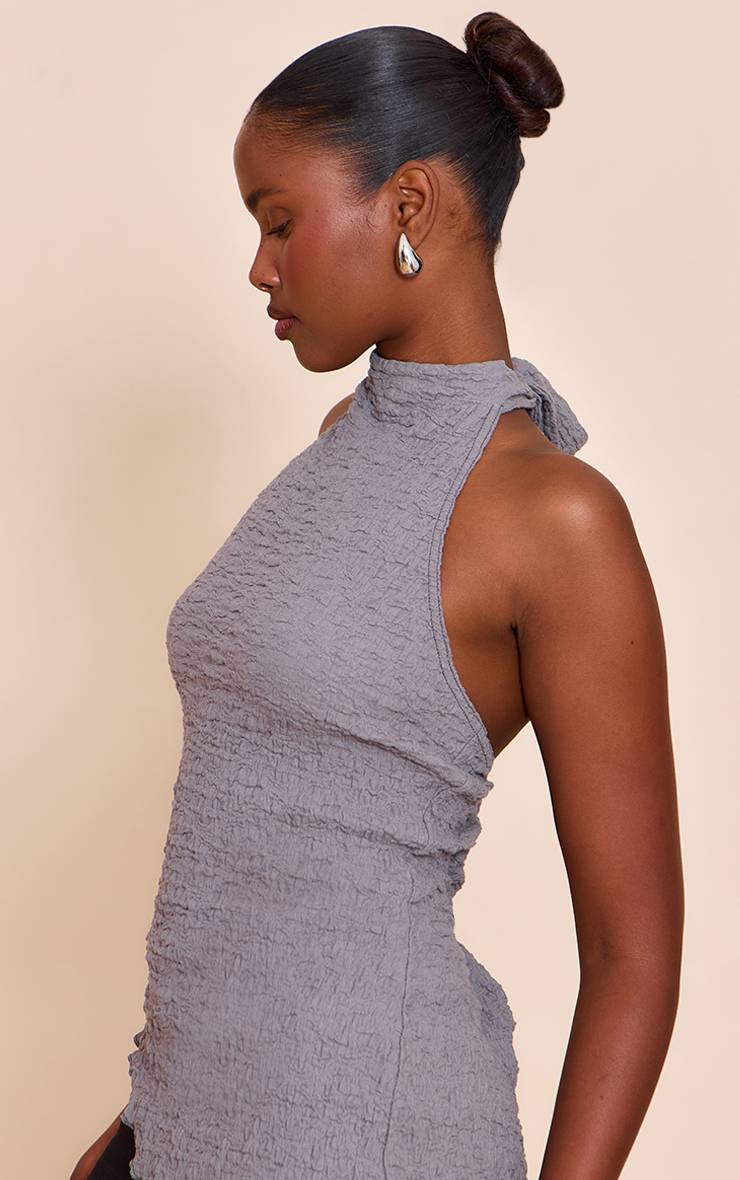 Gris Top Long Texturé À Col Montant Avec Ourlet Asymétrique