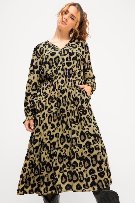 Midikleid, A-Line, Leo, V-Ausschnitt, elastische Taille, Langarm