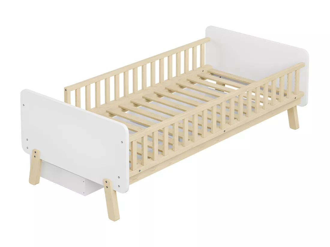 Lit enfant 90x190cm avec 2 tiroirs - lit simple en bois massif avec sommier à lattes - Blanc