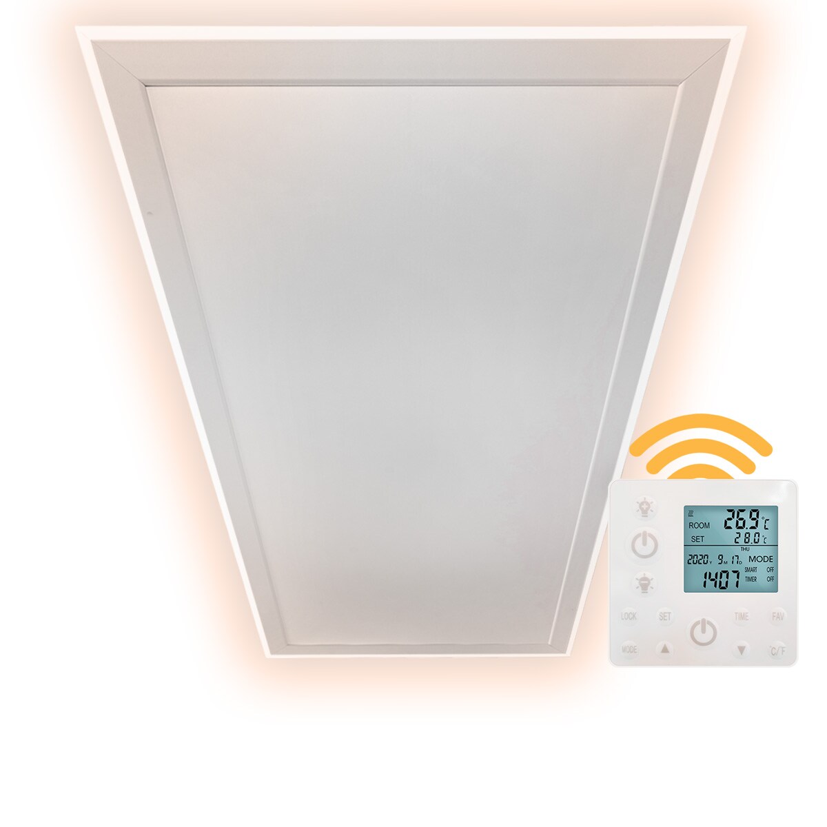 Heidenfeld Infrarot-Deckenheizung HF-HP500 mit Licht, 390-800Watt, 3-20m², Fernbedienung, LED-Rahmen (800 Watt, Warmweiß)