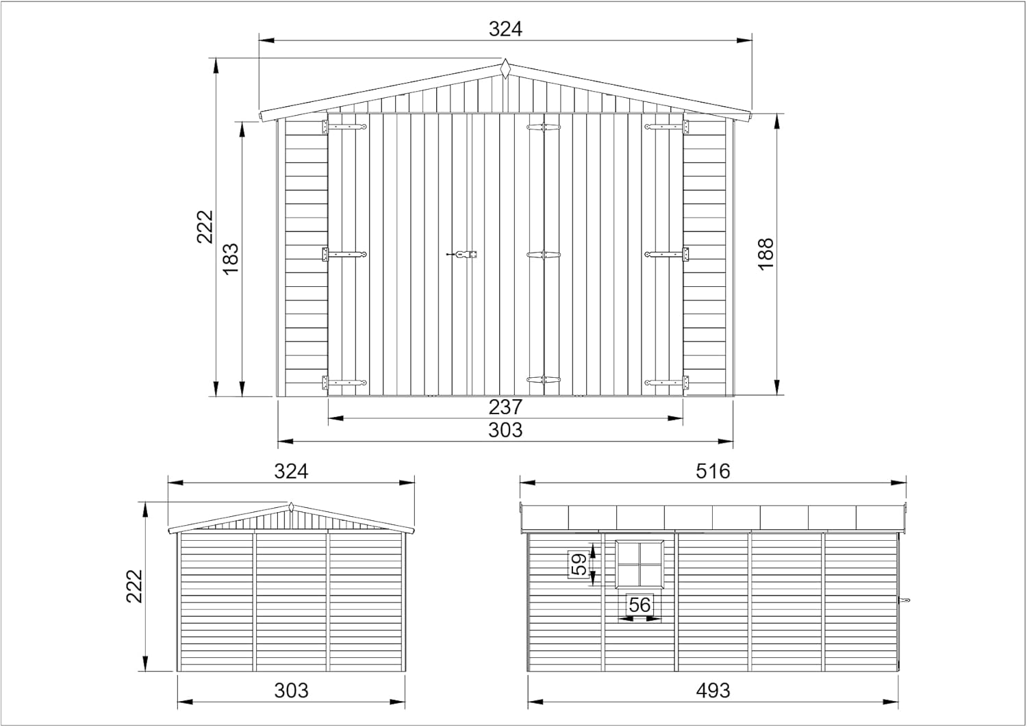 TIMBELA M101 Holzgarage - Abstellraum mit Fenstern - H222x516x324 cm/15 m² Shiplap-Schuppen aus Naturholz - Gartenwerkstatt - Auto- und Geräteschuppen