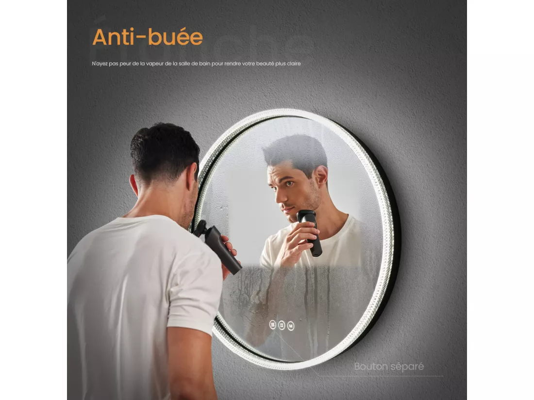 EMKE Miroir lumineux salle de bain rond 60cm Cadre Noir, Miroir LED avec Interrupteur Tactile, Anti-buée, Miroir avec 3 couleurs de Lumières