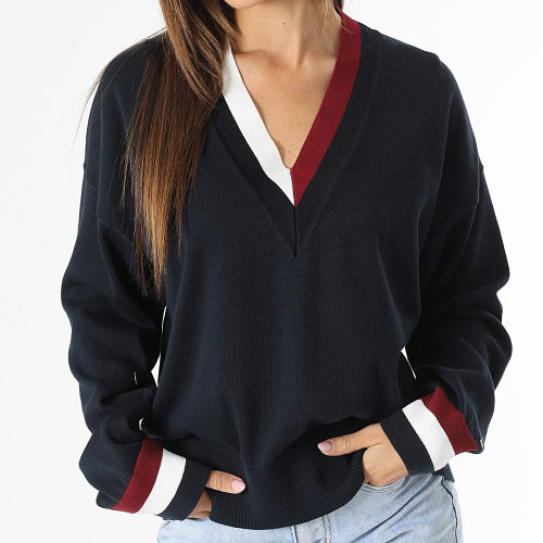 Pull Col V Femme Global Stripe 9006 Bleu Marine
