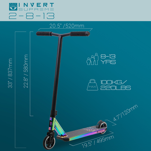 Patinete de acrobacias Neo Invert Supreme para crianças de 8 a 13 anos.