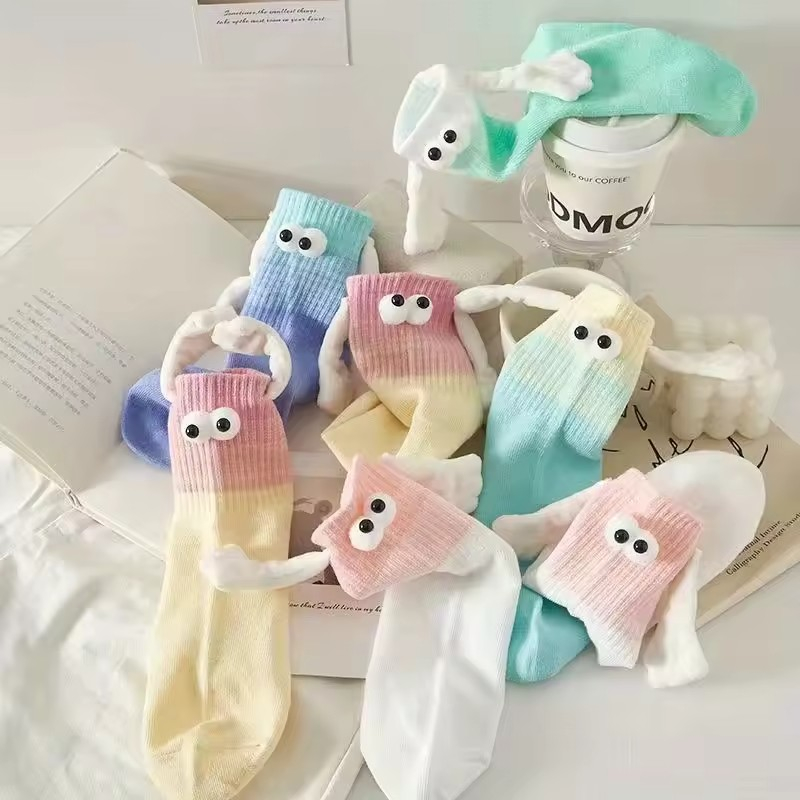 (1 Paar) Unisex Socken Fashion Strümpfe Couple Socks Füsslinge mit Augen / Magnetischen Händen (One Size) - Gelb / Rosa