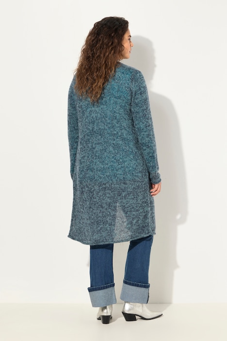 Long-Strickjacke, Bindeband, V-Ausschnitt, Rollkanten