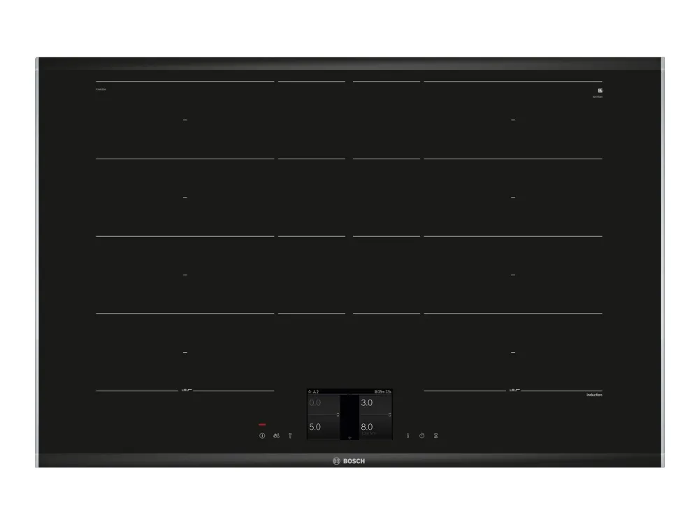 Bosch Serie | 8 PXY875KV1E - Induktions kogeplade - 4 plader - Niche - bredde: 75 cm - dybde: 49 cm - med rustfrit stål-sidepynt - sort