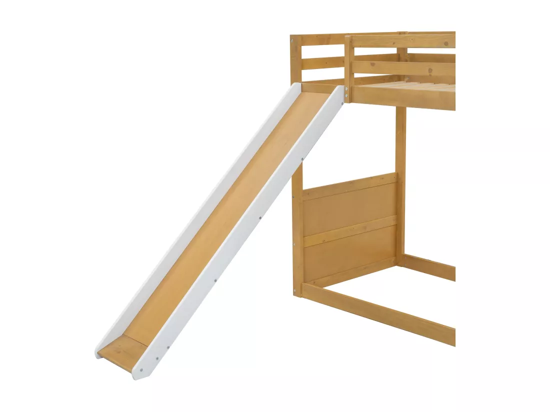 Lit superposé 90x200cm - avec escalier de rangement et toboggan - en bois de pin et MDF - Naturel
