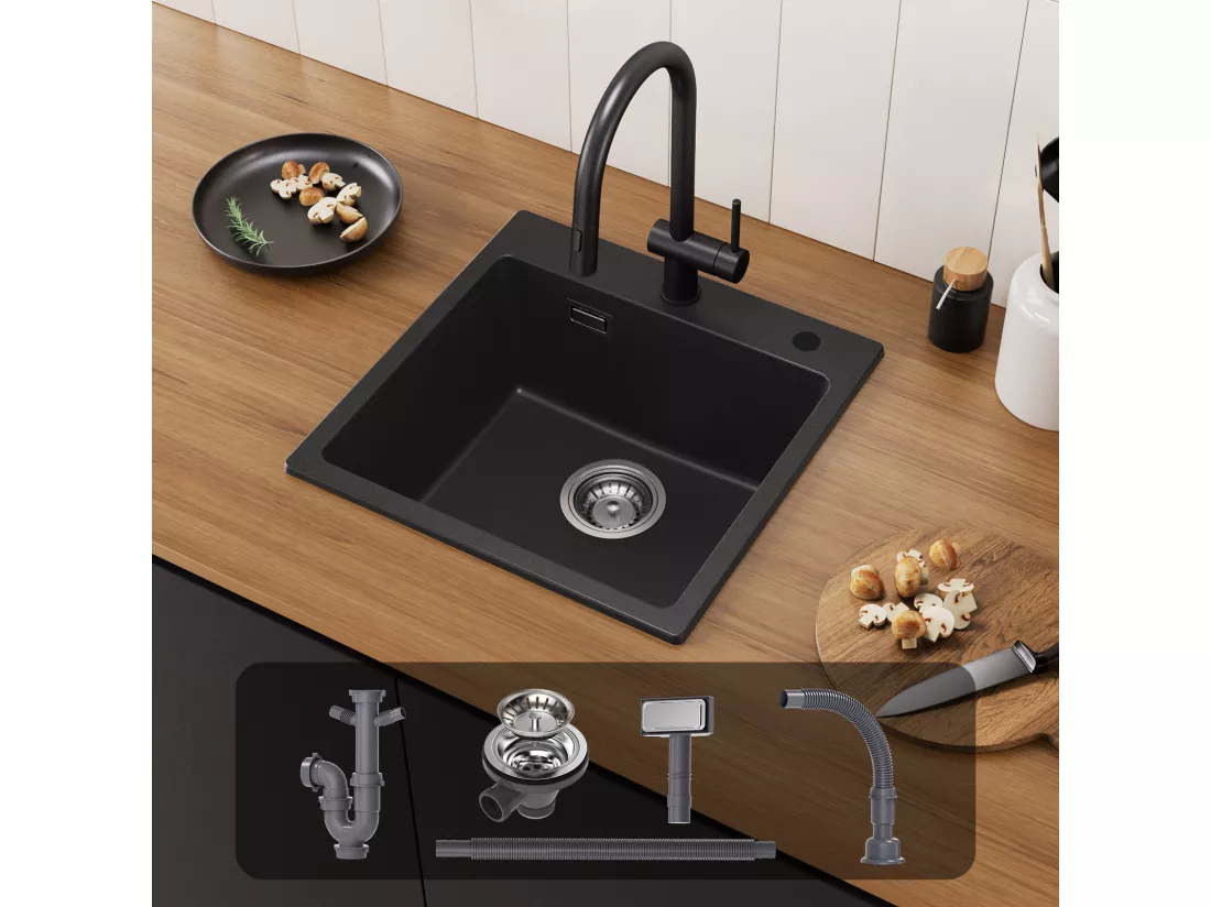 Cecipa max 45x45cm Evier Quartz + 300ML Distributeur de Savon - Noir - Evier 1 Bac en Quartz et Résine - Evier de Cuisine Evier à Encastrer 1 Vasque