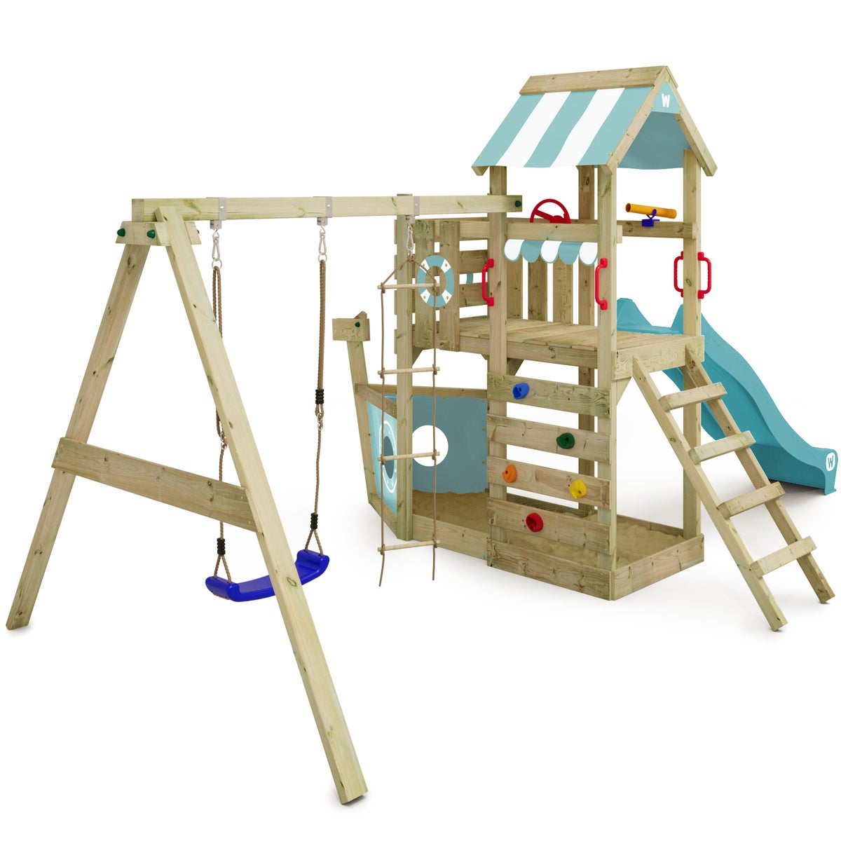 WICKEY SeaFlyer speeltoren klimtoestel met schommel en glijbaan, boomhut met zandbak, klimladder en speelaccessoires – pastelblauw