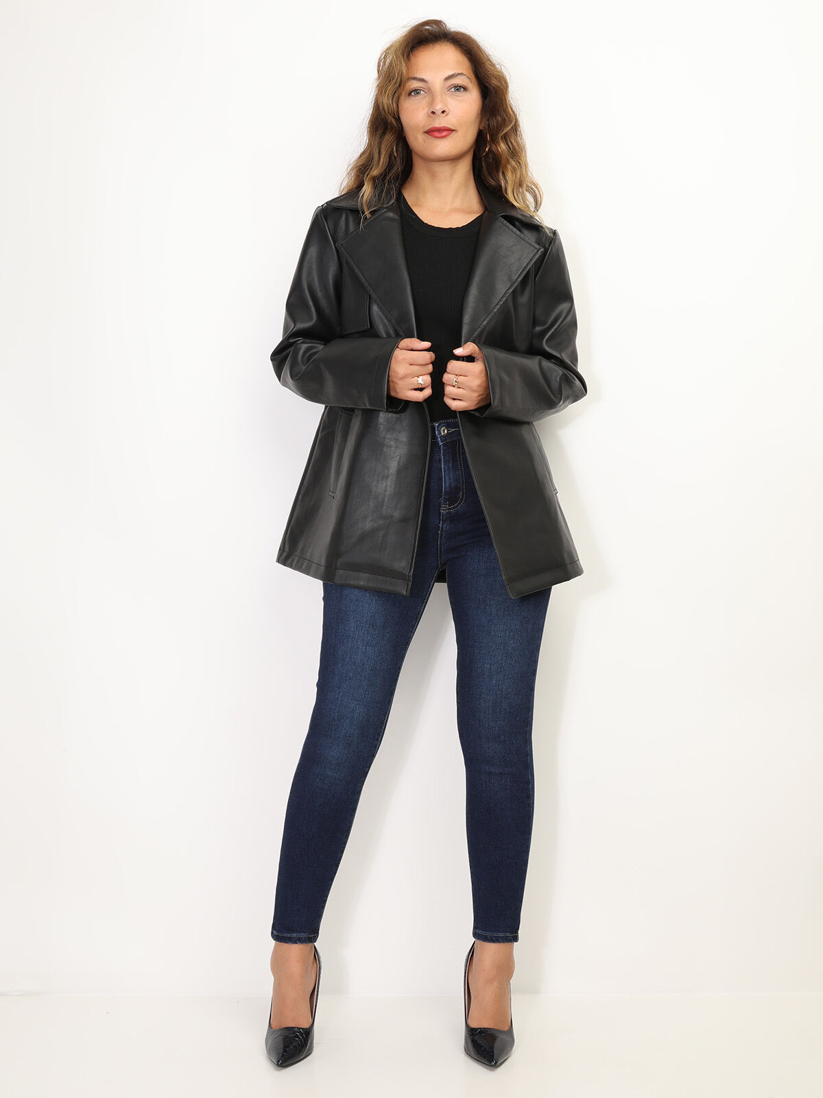 Veste croisée en simili à nouer- Noir
