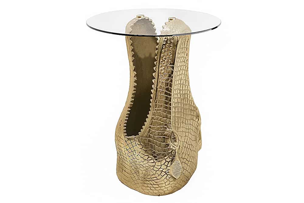 Design Beistelltisch WILDLIFE CROCODILE 50cm gold runde Glasplatte Krokodil