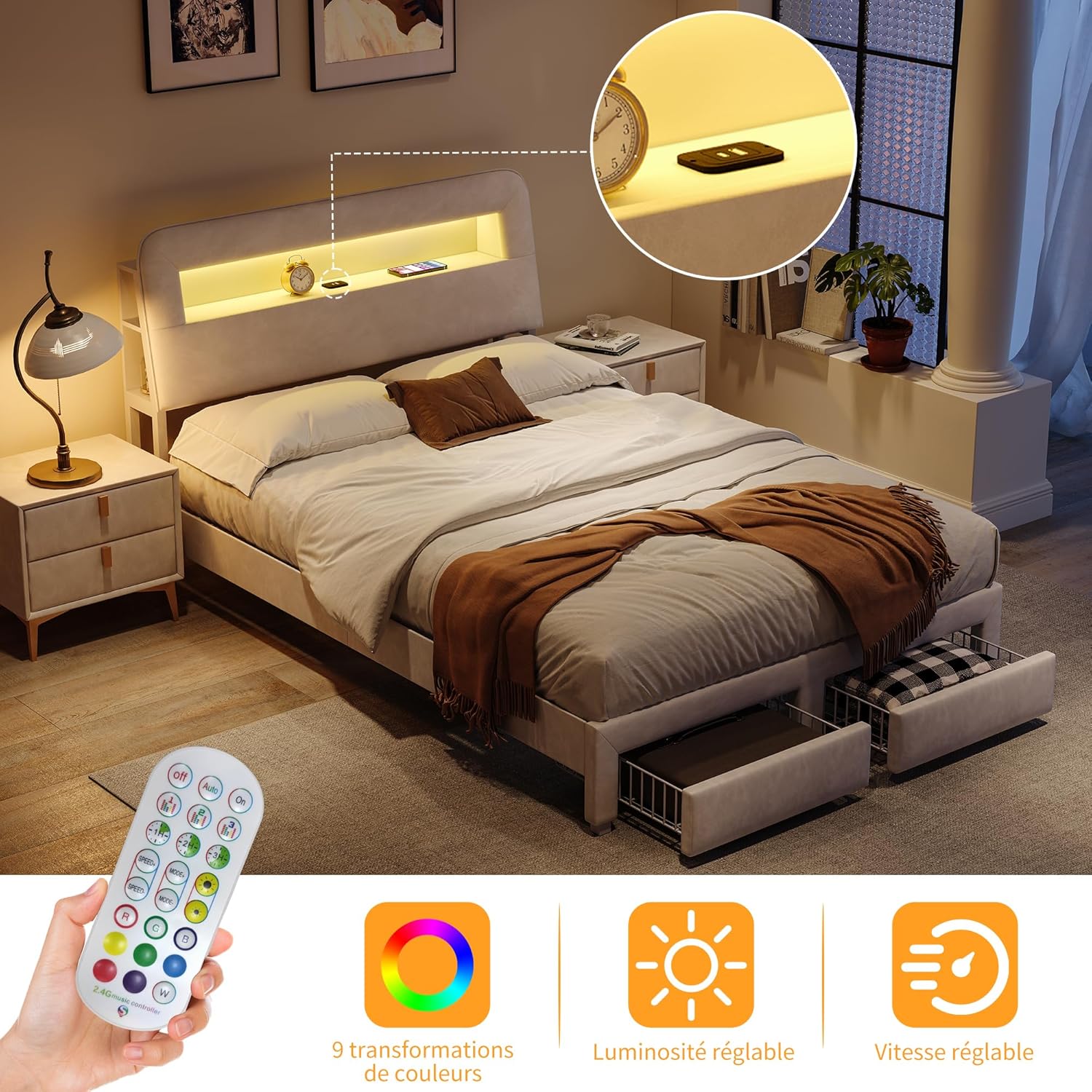 DULRLLY Bett 140x200 cm mit Stauraum, Polsterbett Doppelbett mit Schubladen, Kopfteil mit LED und USB-Anschlüssen,Jugendbett Stauraumbetten für Erwachsene und Jugendliche, Ohne Matratz