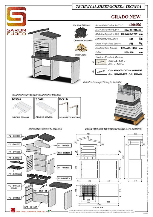 Barbecue Grado sarom en béton allégé avec ample table latérale 160x 60x170,7 cm