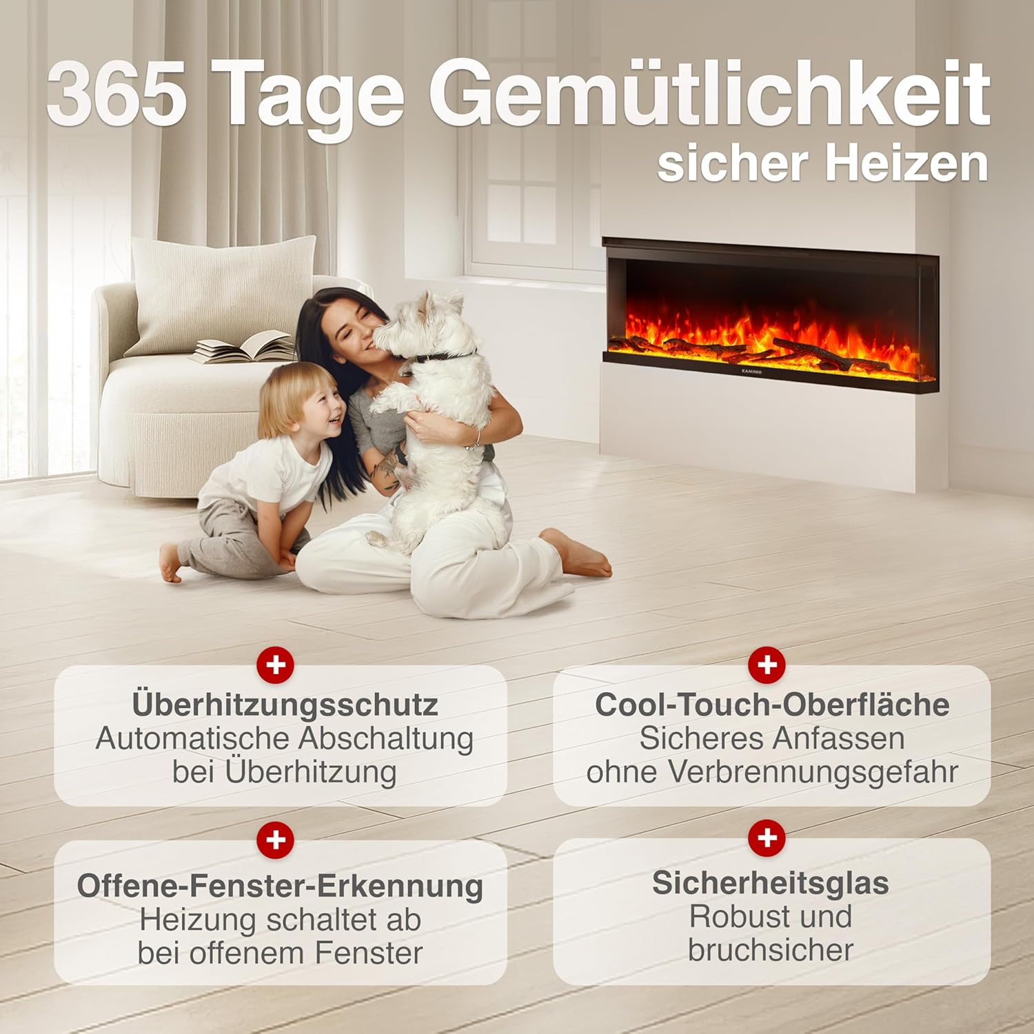 Elektrokamin LEA - Elektrischer 3-in-1 Kamin mit Panoramaview, Heizung, 3D-Flammeneffekt, 12 Flammenfarben, Fernbedienung (50 Zoll)