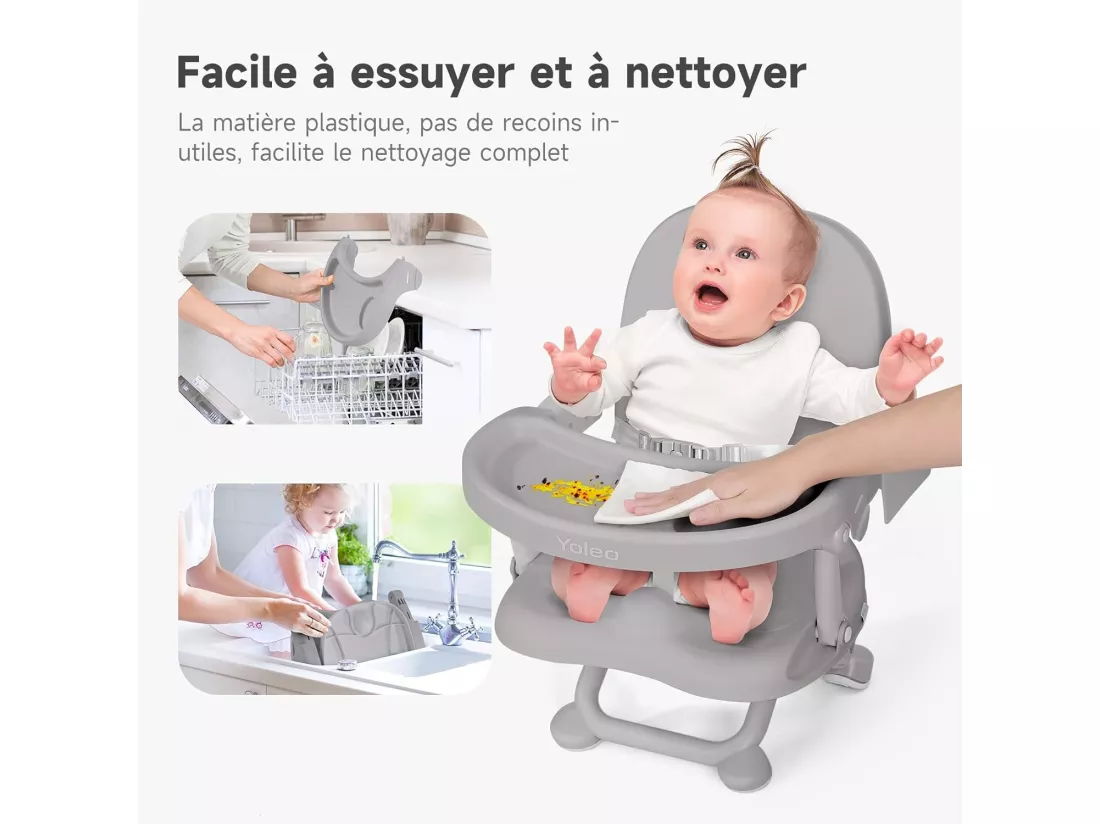 Réhausseur Chaise Enfant Pliable,Chaise Haute Bébé Portable,Bébé Chaise repas en Hauteur Réglable,Plateau Amovible,6 mois à 3 ans,Gris