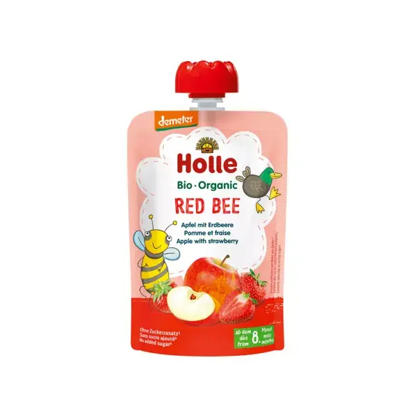 Garrafa de água Holle Organic Red Bee com maçã e morango +8m 100g