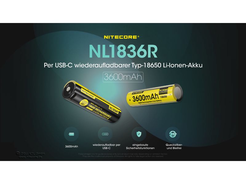 Nitecore Akku NL1836R Li-Ion Typ 18650 mit USB-C 3600 mAh, Geschützter Li-Ion-Akku