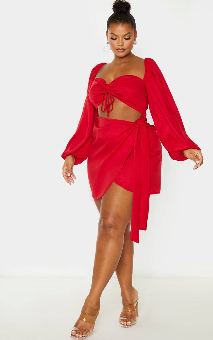 Rouge Robe Moulante Grande Taille Froncée À Découpes