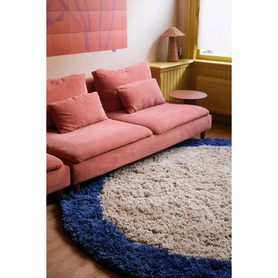 Interieur05 rond hoogpolig vloerkleed polyester Pilo beige/blauw - 160 x 160 cm