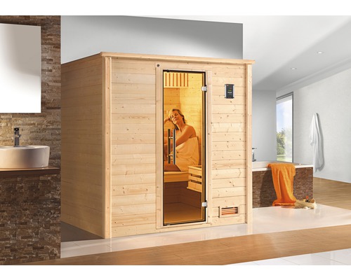 Massief houten sauna Weka Bergen GT Gr.1.8 incl. 7,5 kW kachel en digitale bediening, zonder raam, met grafietkleurige volledig glazen deur
