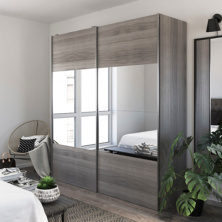 Armoire penderie portes coulissantes effet chêne grisé et miroir GoodHome Atomia H. 225 x L. 200 x P. 63,5 cm