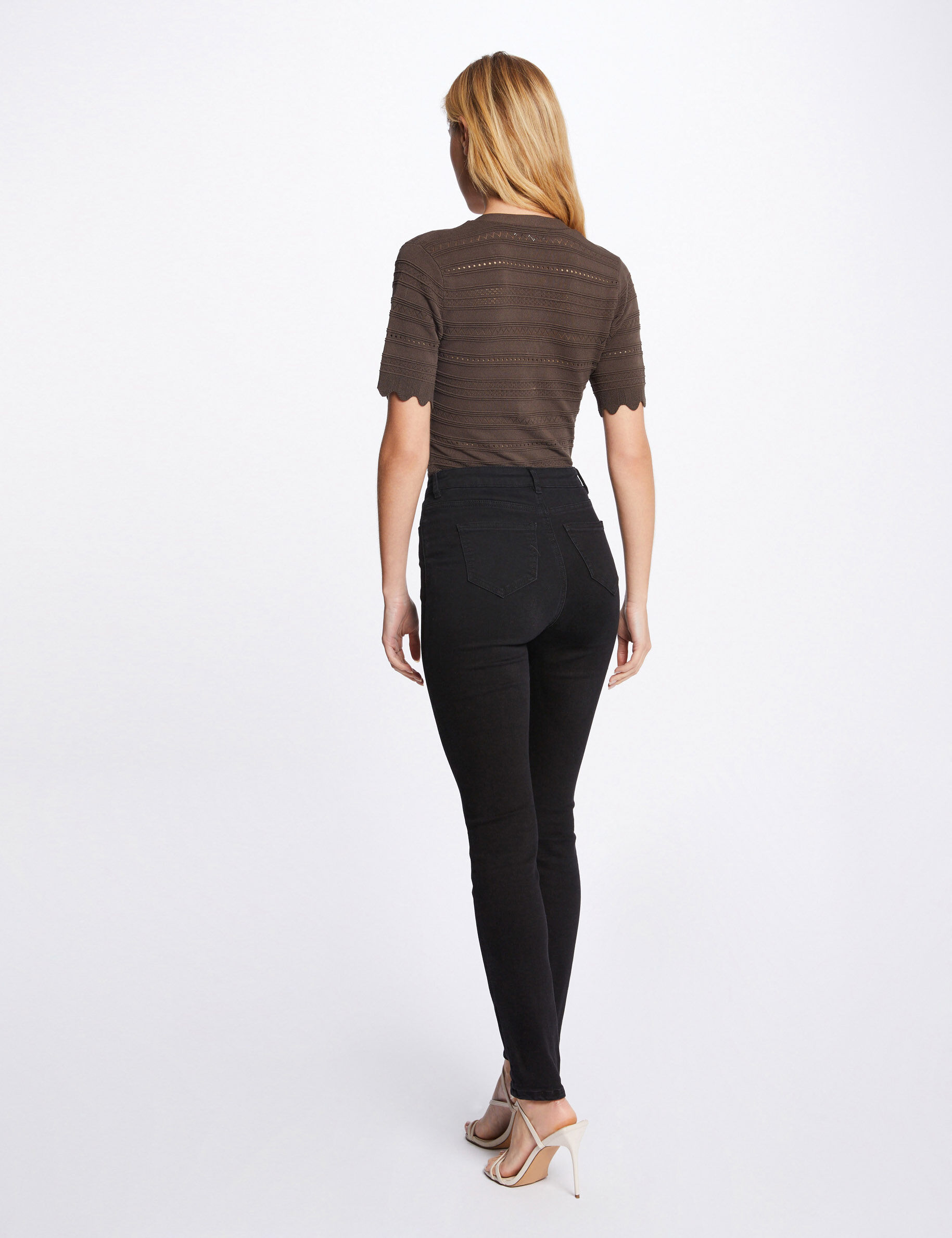 Pull manches courtes détails ajourés vert kaki femme - vert_kaki