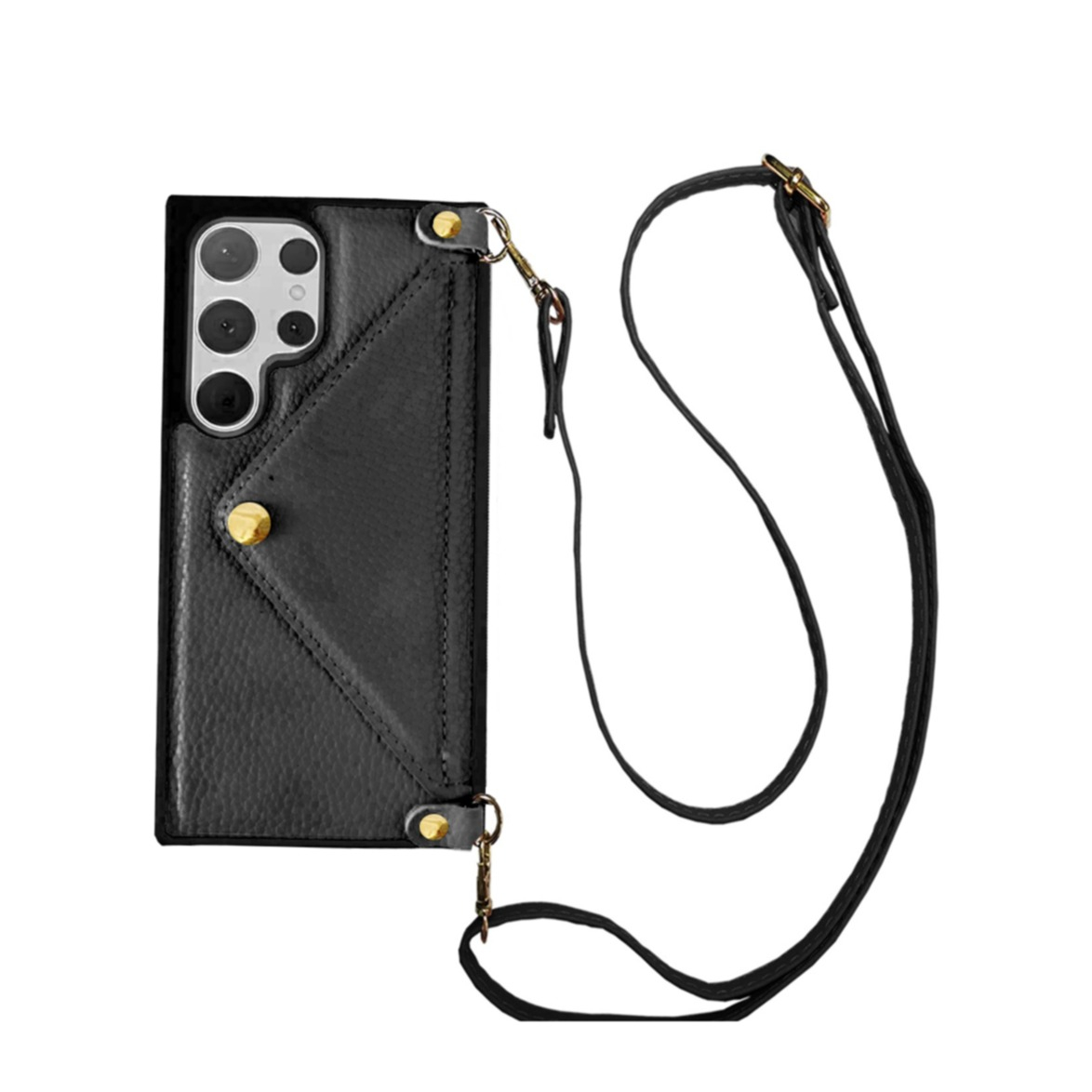 Samsung Galaxy S24 Ultra Necklace Leder Schutz Hülle mit Kartenfach   Handykette (120cm) - Schwarz