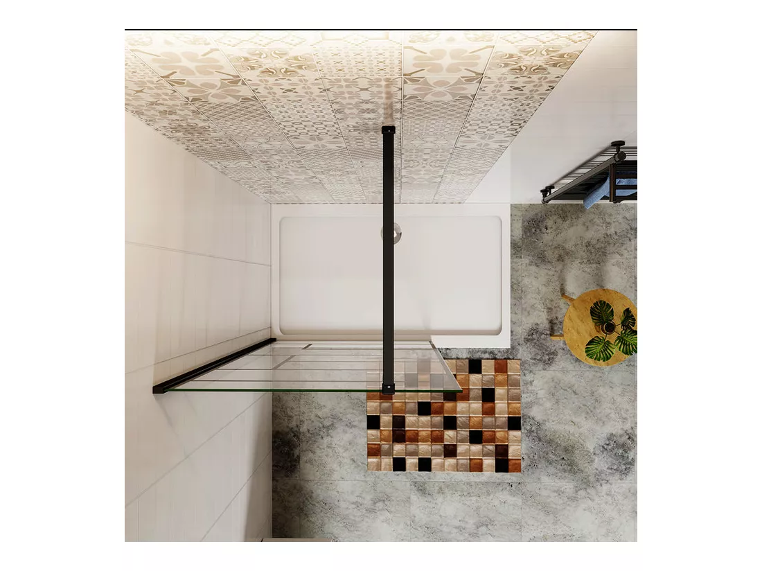Paroi de douche 120x200cm fixe à l'italienne avec barre de fixation noire 140cm, en 8mm verre anticalcaire style moderne