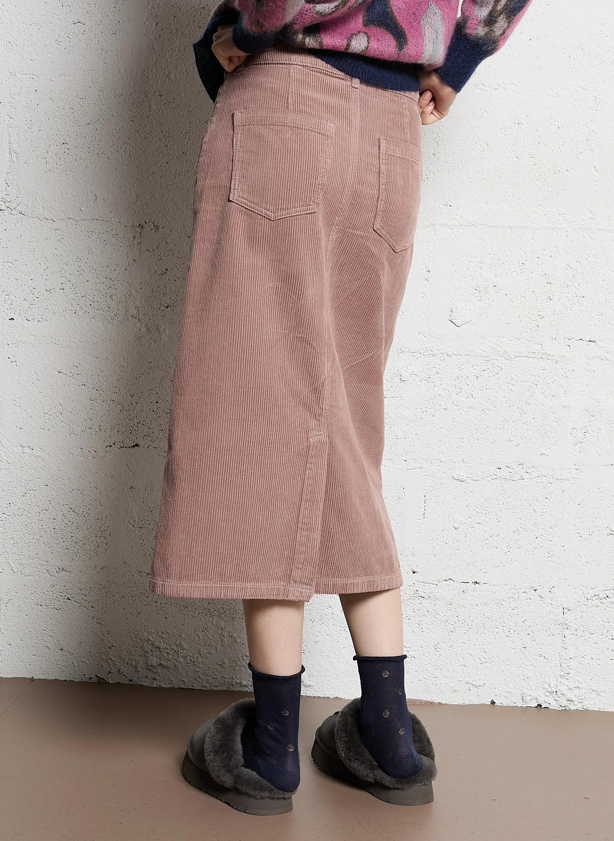 KAYNE - Jupe midi côtelé taille haute | Rose