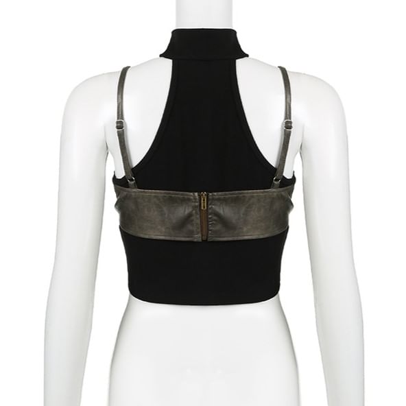 BrickBlack - Spaghettibandjes, hoge hals, nep-tweedelige crop top van imitatieleer