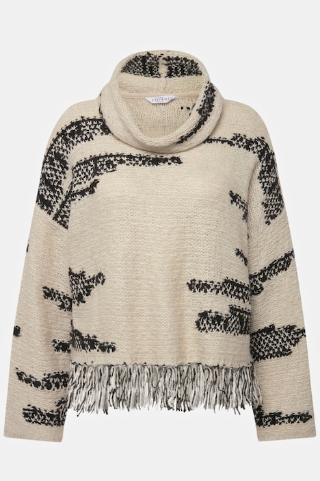 Rollkragen-Pullover, oversized, Jacquard-Strick, Fransensaum