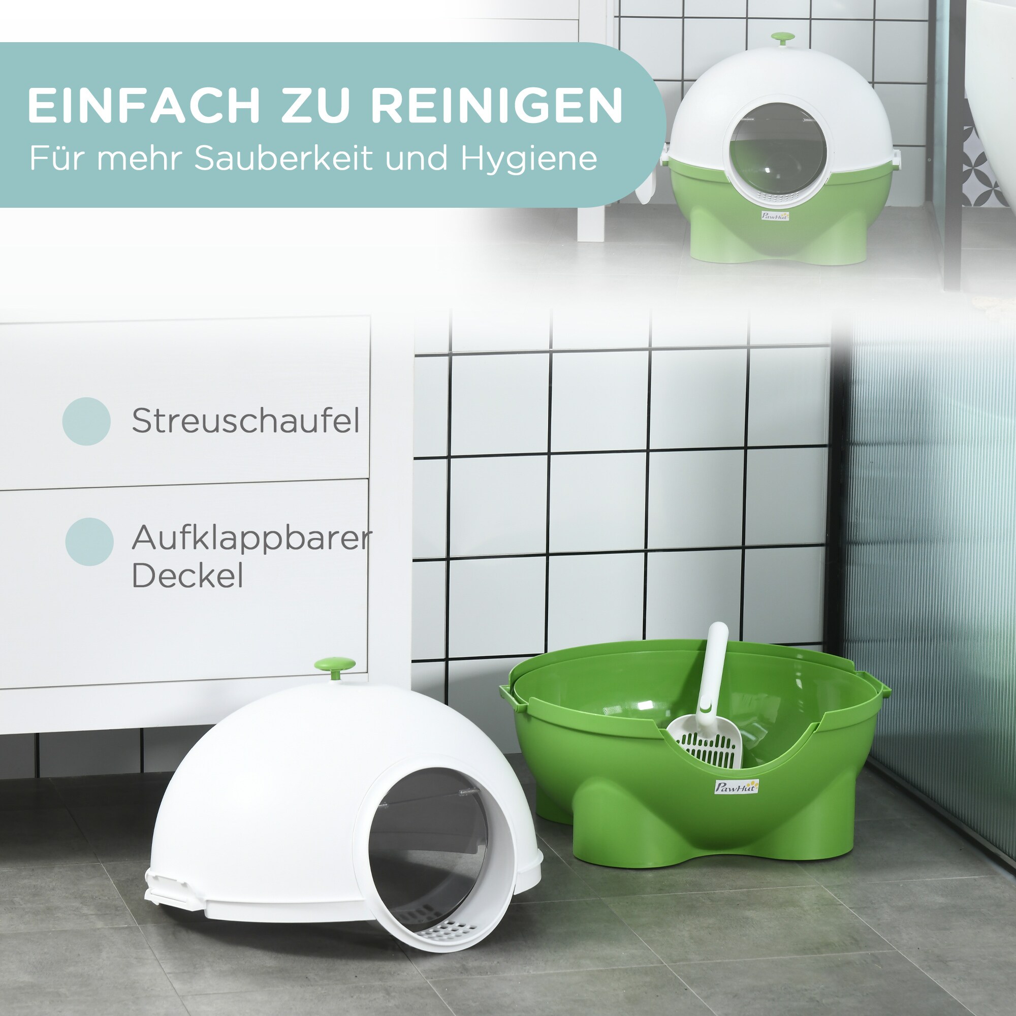 PawHut Katzentoilette mit Schaufel grün, weiß 53L x 51B x 48H cm