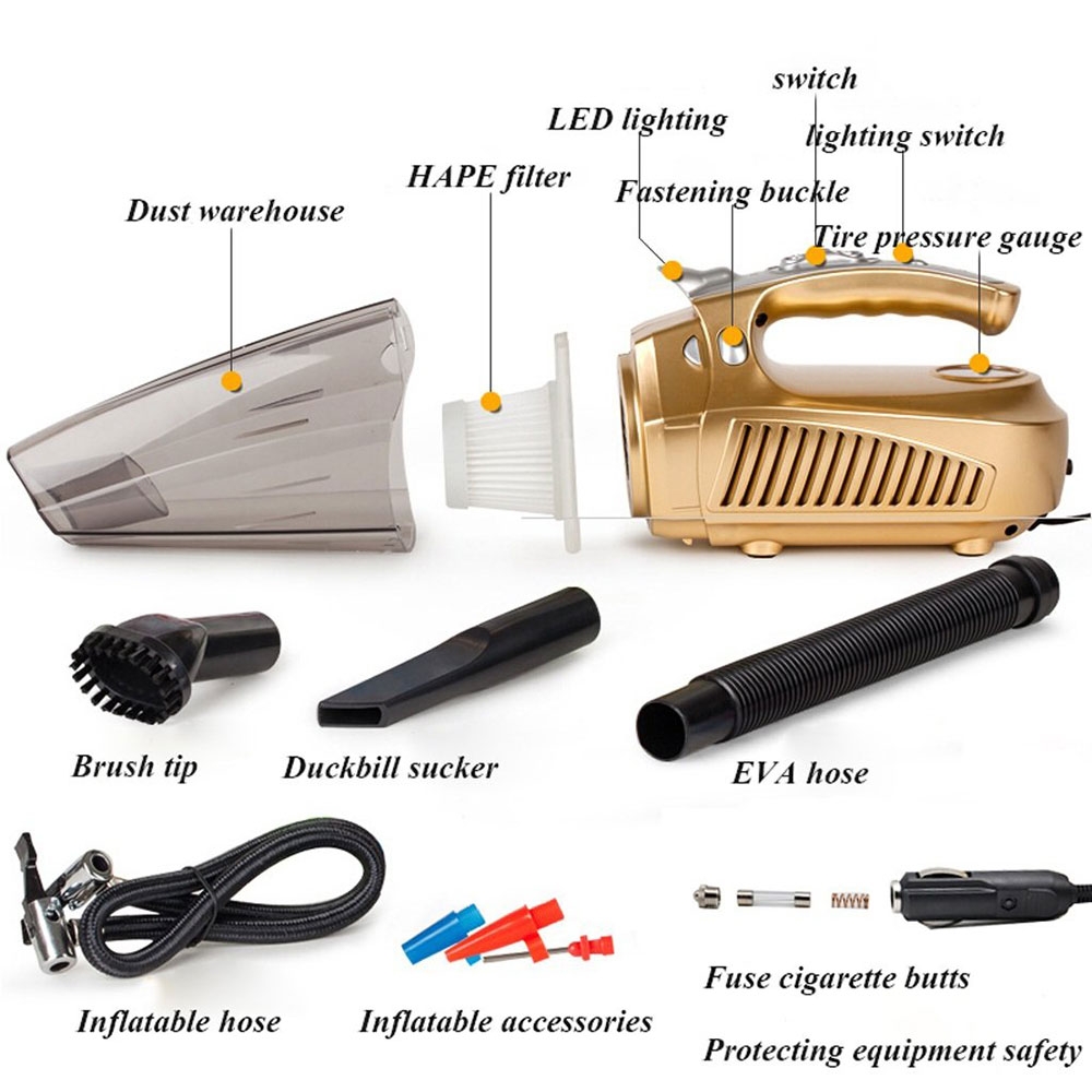 (96 Watt) 4in1 LED Hand Staubsauger Nass und Trocken Kompressor Luftpumpe mit Reinigungsaufsätzen für Auto / Haushalt - Gold
