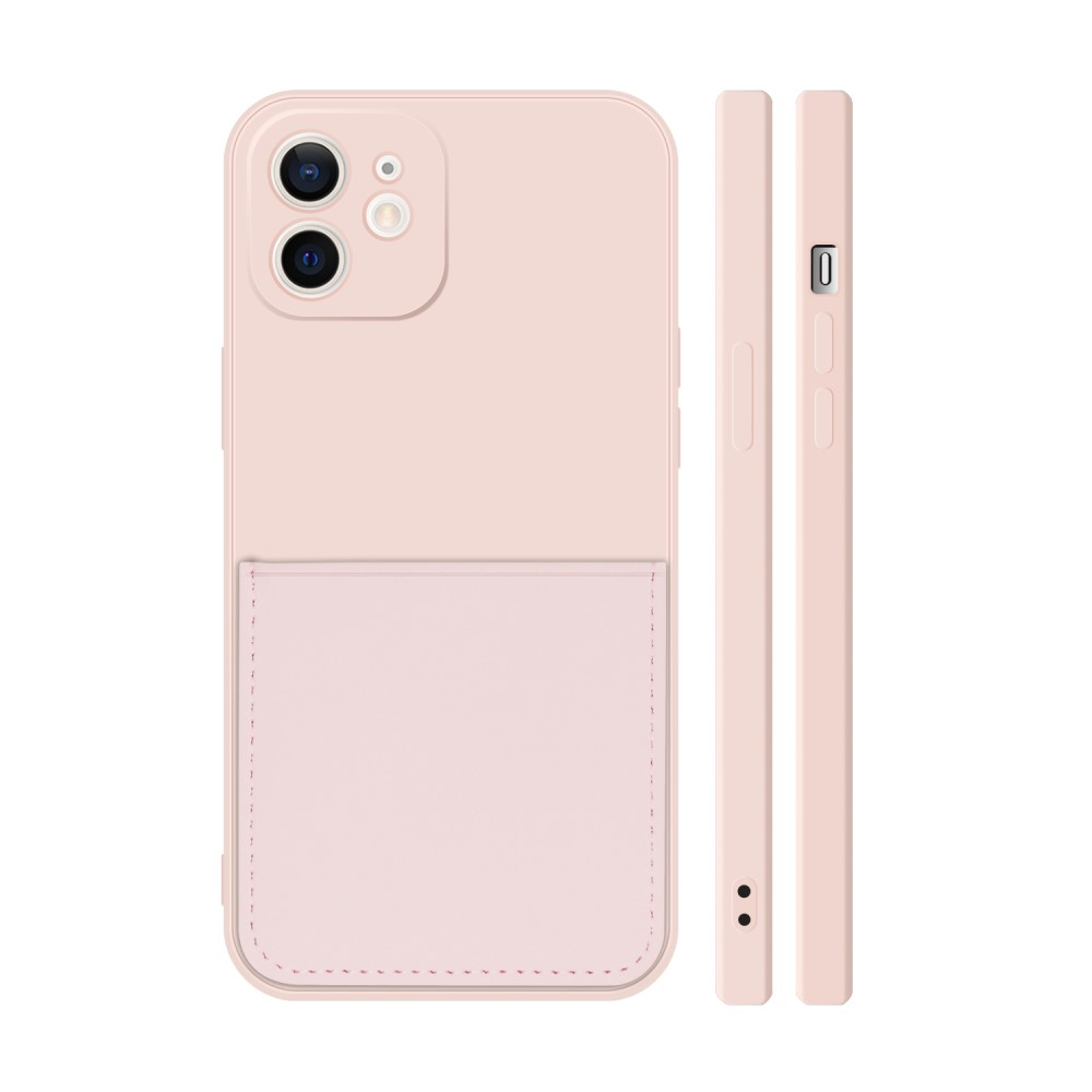 iPhone 12 Gummi Case Hülle mit Leder Kartenfach - Rosa