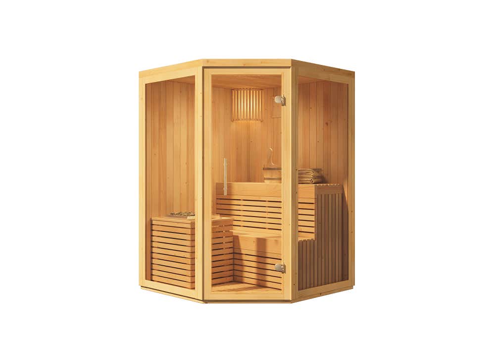 FinnTherm Ylva binnensauna, 1 houten bank, saunacabine met 68 mm wanddikte, stoomsauna met montagemateriaal, natuurlijke afwerking