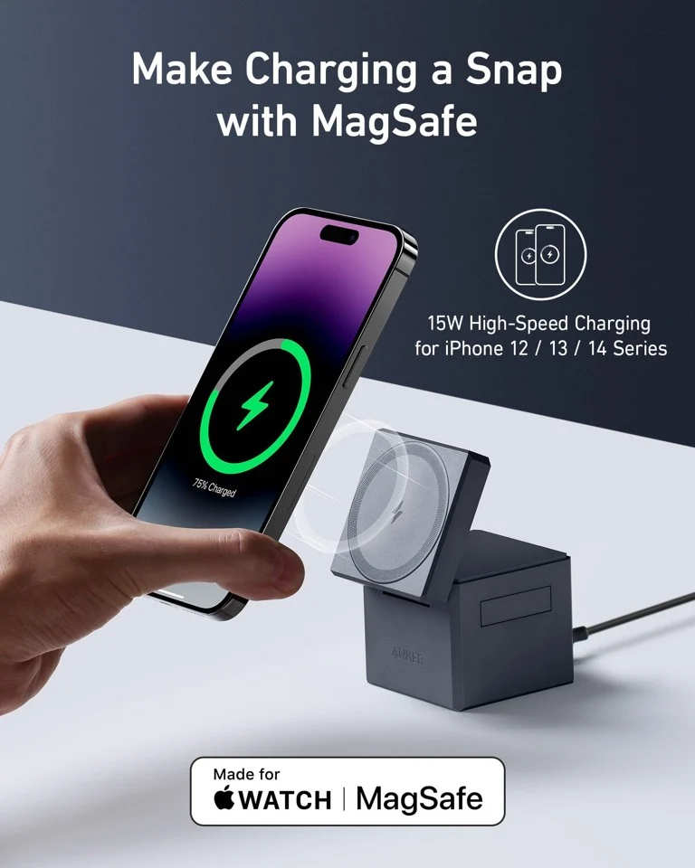 Anker - 3-i-1 Oplader med MagSafe - Grå