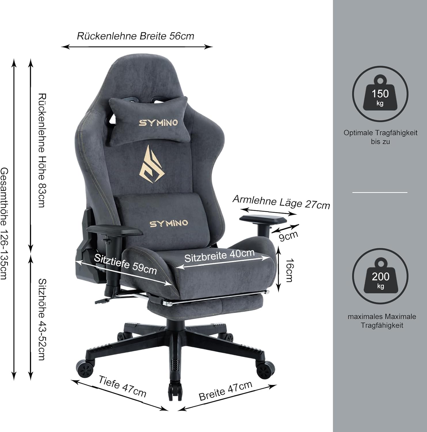 Symino Gaming Stuhl, Atmungsaktiver Bürostuhl aus Hochwertigem Stoff, So Weich Wie Pelz, Ergonomischer PC-Stuhl, Verstellbarer und Drehbarer Schreibtischstuhl mit Fußstütze, Grau