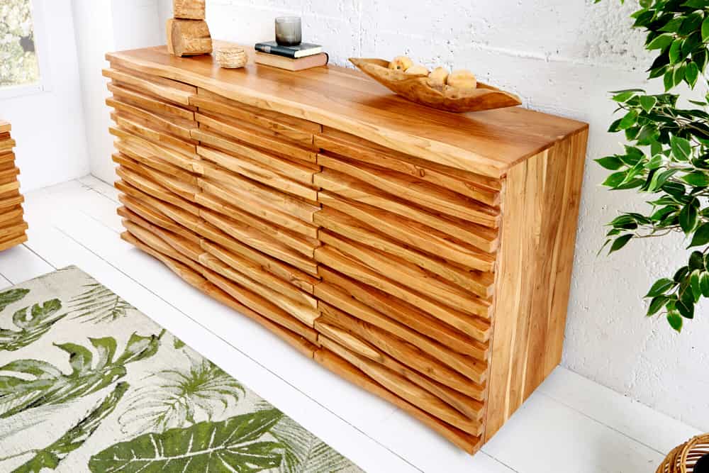 Massivholz Sideboard RELIEF 160cm Akazie Kommode mit Schubladen aufwändige Front