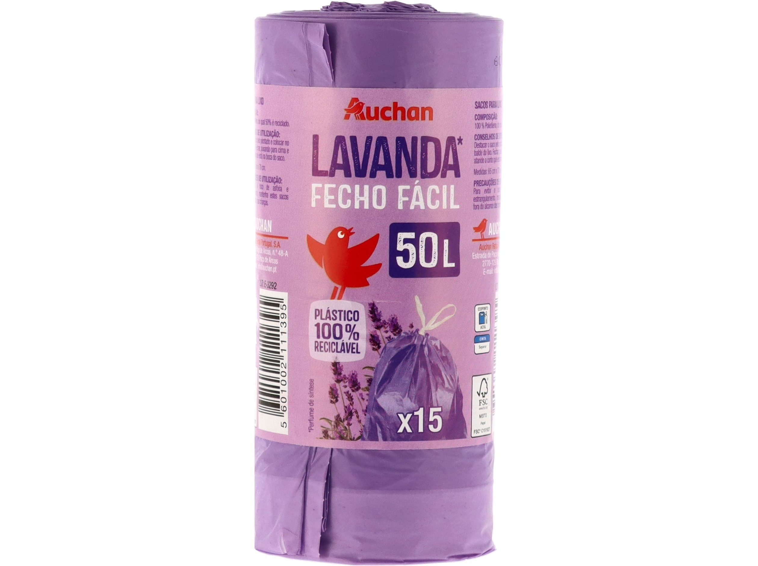 SACO LIXO AUCHAN LAVANDA FECHO FÁCIL 50 LITROS 15 UNIDADES