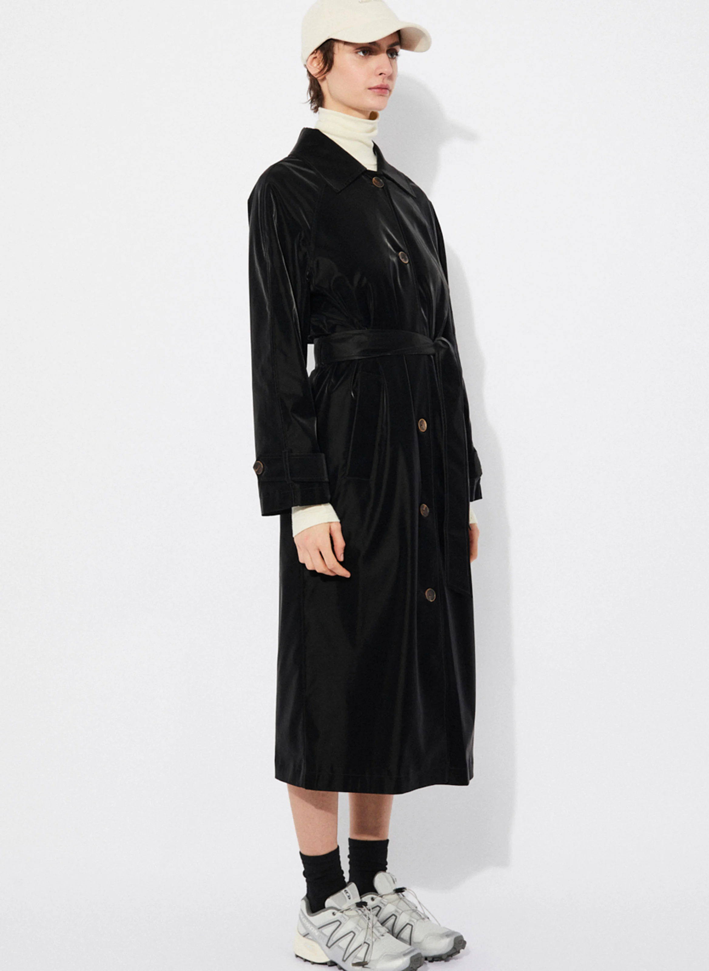 LINYA - Trench long aspect velours | Noir
