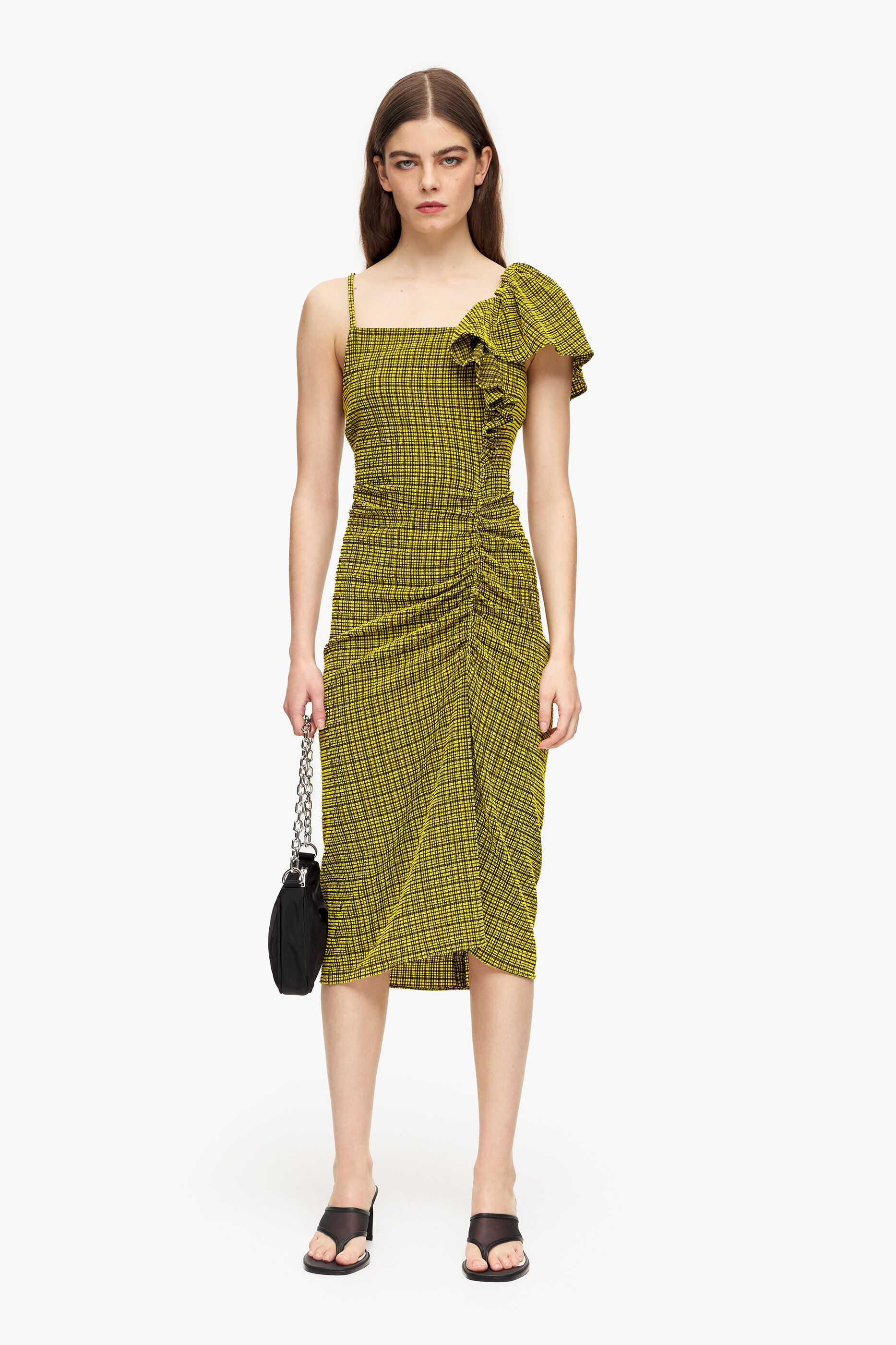 Vestido midi fluido xadrez amarelo