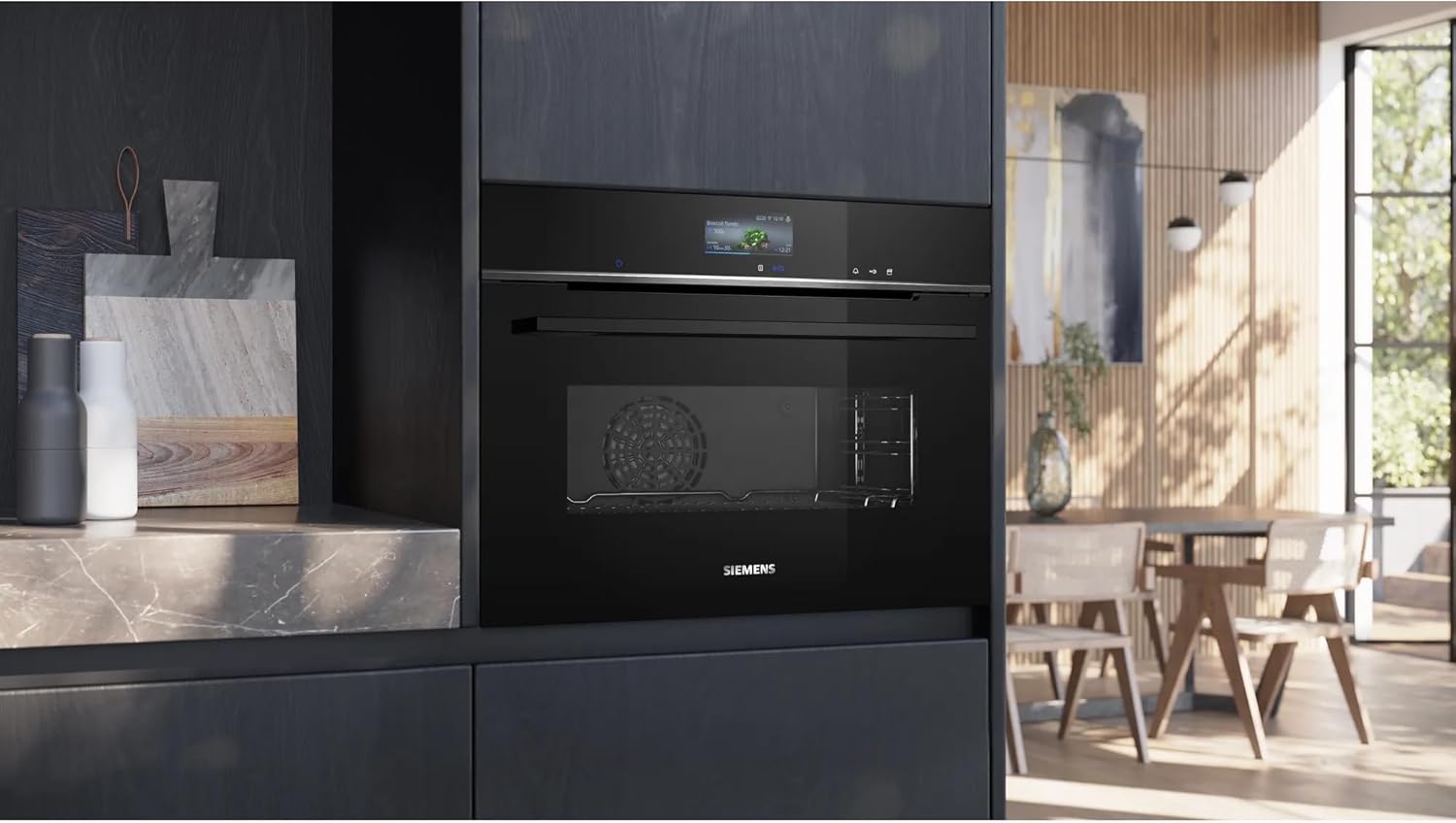 Siemens CS736G1B1, Smarter iQ700 Einbau-Kompaktdampfbackofen, 60 x 45 cm, Schwarz, Made in Germany, Dampfgaren, Hydrolyse Selbstreinigung, Touchscreen, Air Fry, 4D Heißluft, Backautomatik, Pizzastufe