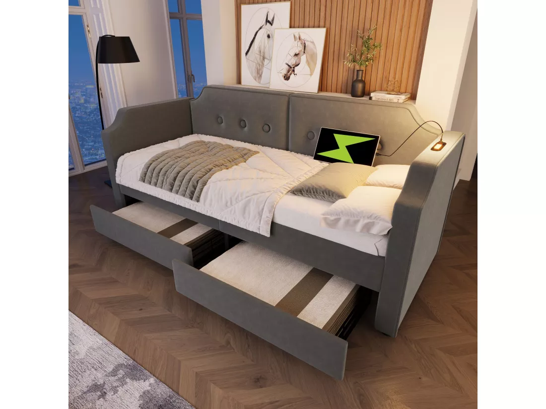 Canapé-lit rembourré 90x200 cm, avec liseuse USB Type-C, avec 2 tiroirs de rangement, gris (sans matelas).
