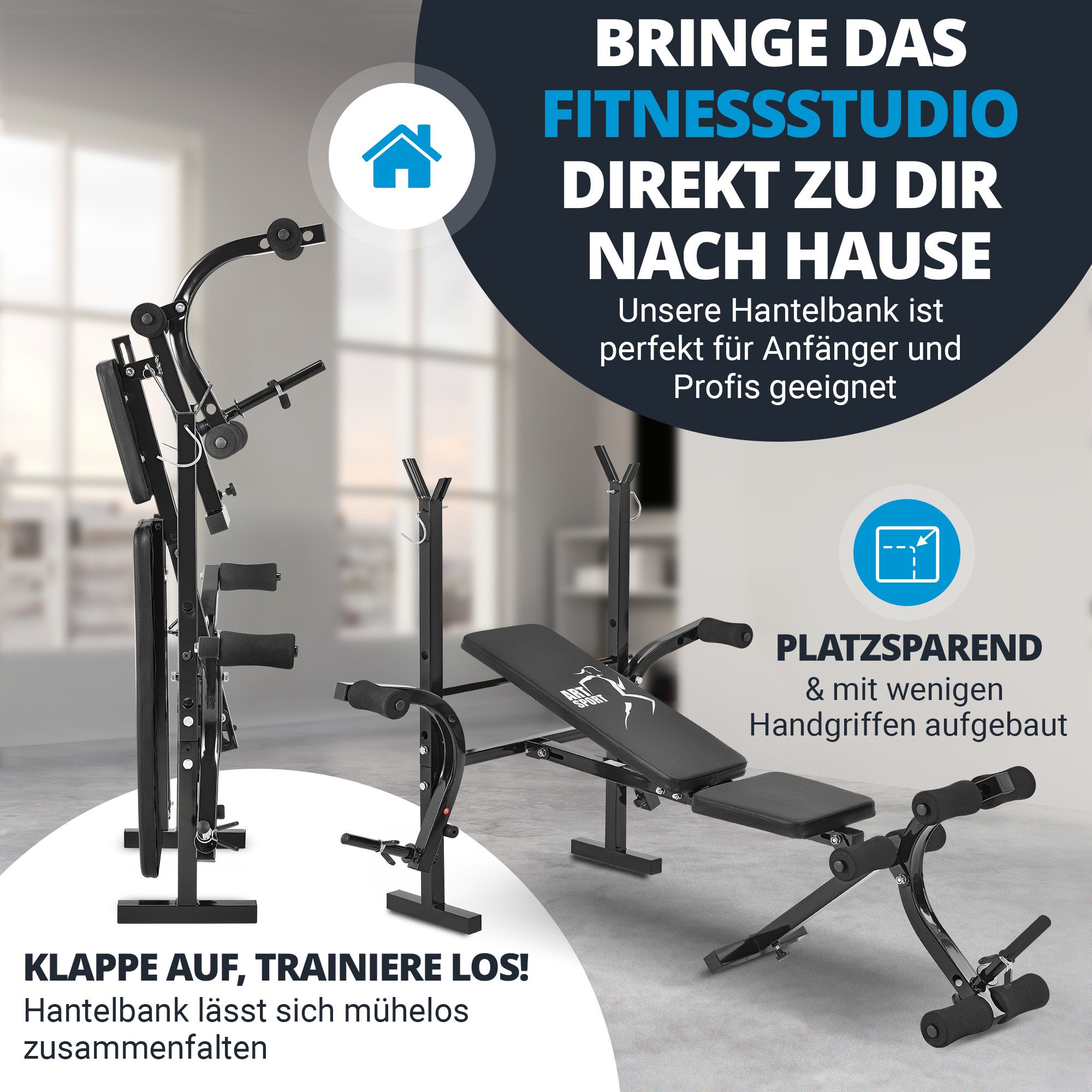 ArtSport Multifunktion Hantelbank ProfiGym 1000 mit Langhantelablage, Beincurler & Butterfly