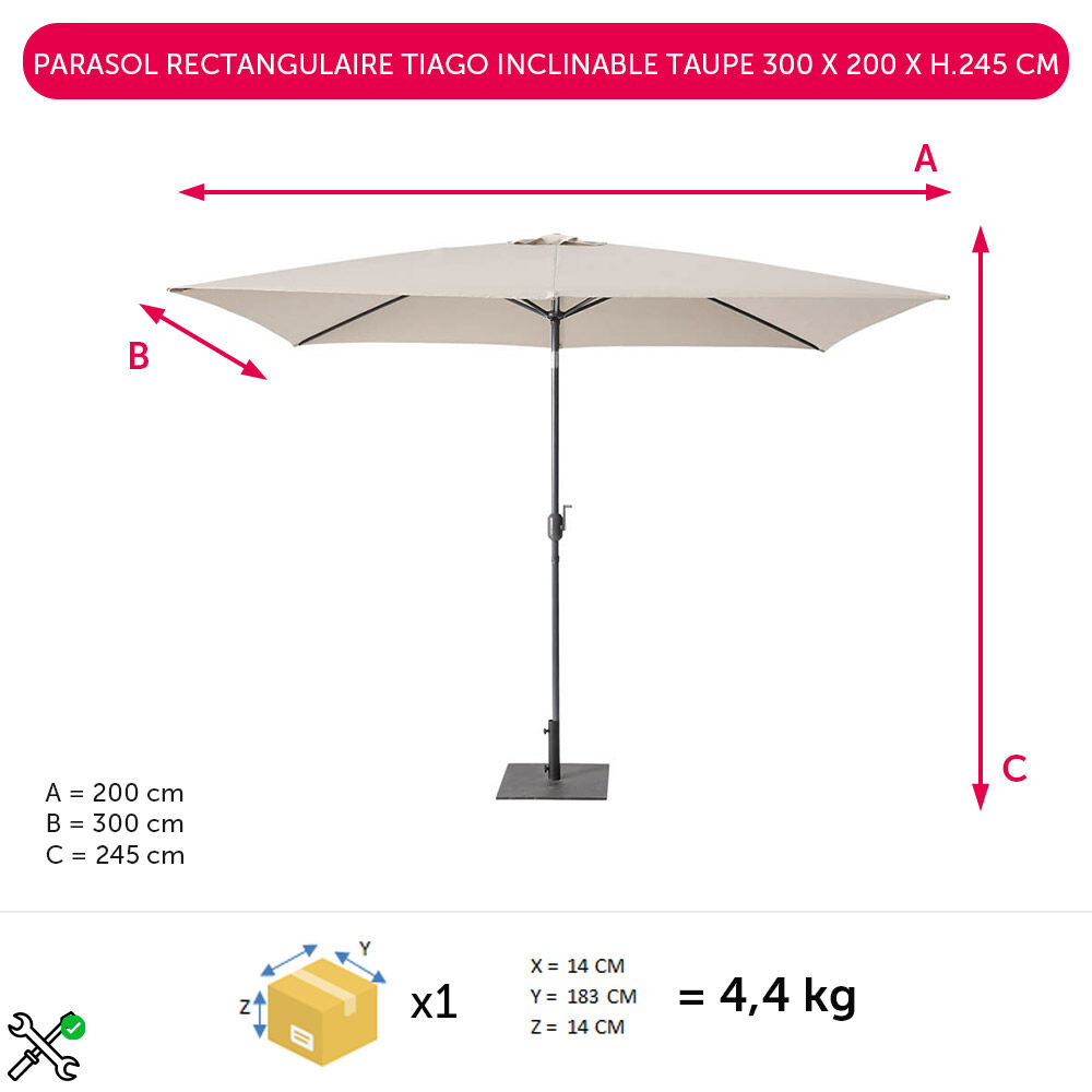 Parasol rectangulaire Tiago inclinable taupe 300 x 200 x H.245 cm
