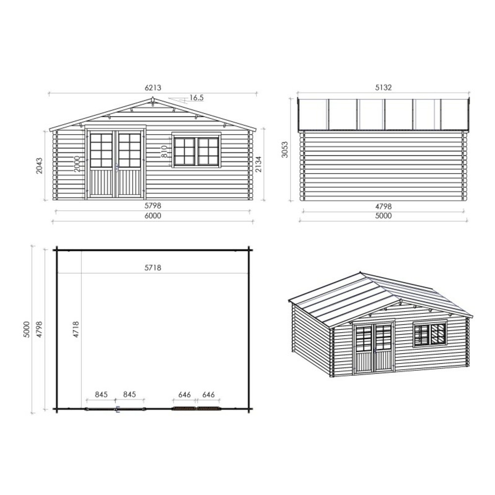 Abri de jardin en bois - 6x5 m - 42 m2 + terrasse avec balustrade et avant-toit en bois
