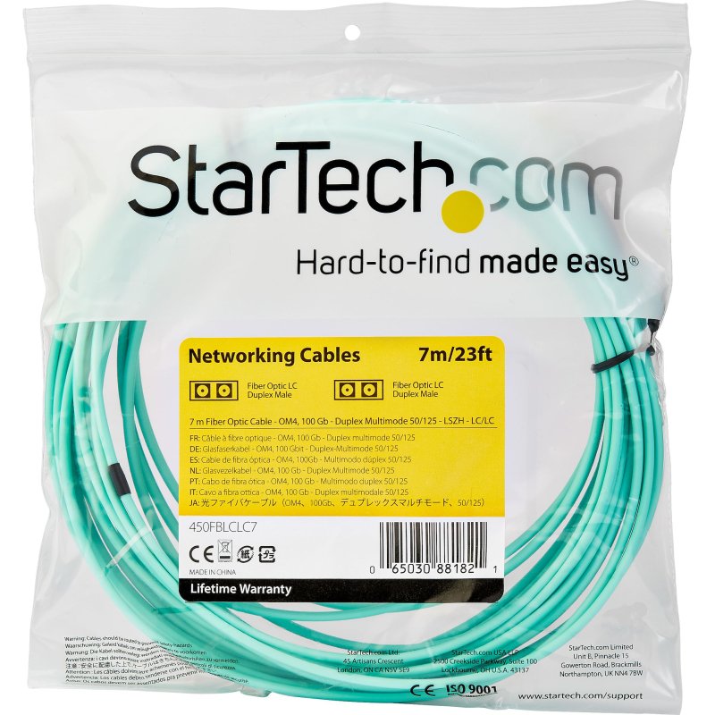 StarTech.com Câble Fibre Optique Multimode de 7m LC/UPC à LC/UPC OM4, Fibre Zipcord 50/125µm LOMMF/VCSEL, Réseaux 100G, Faible Perte d'Insertion, Cordon de Raccordement Fibre LSZH