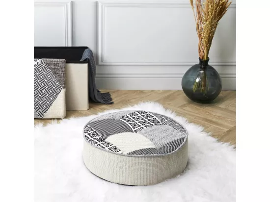 GIADA - Pouf Rond Patchwork Motifs Grisés