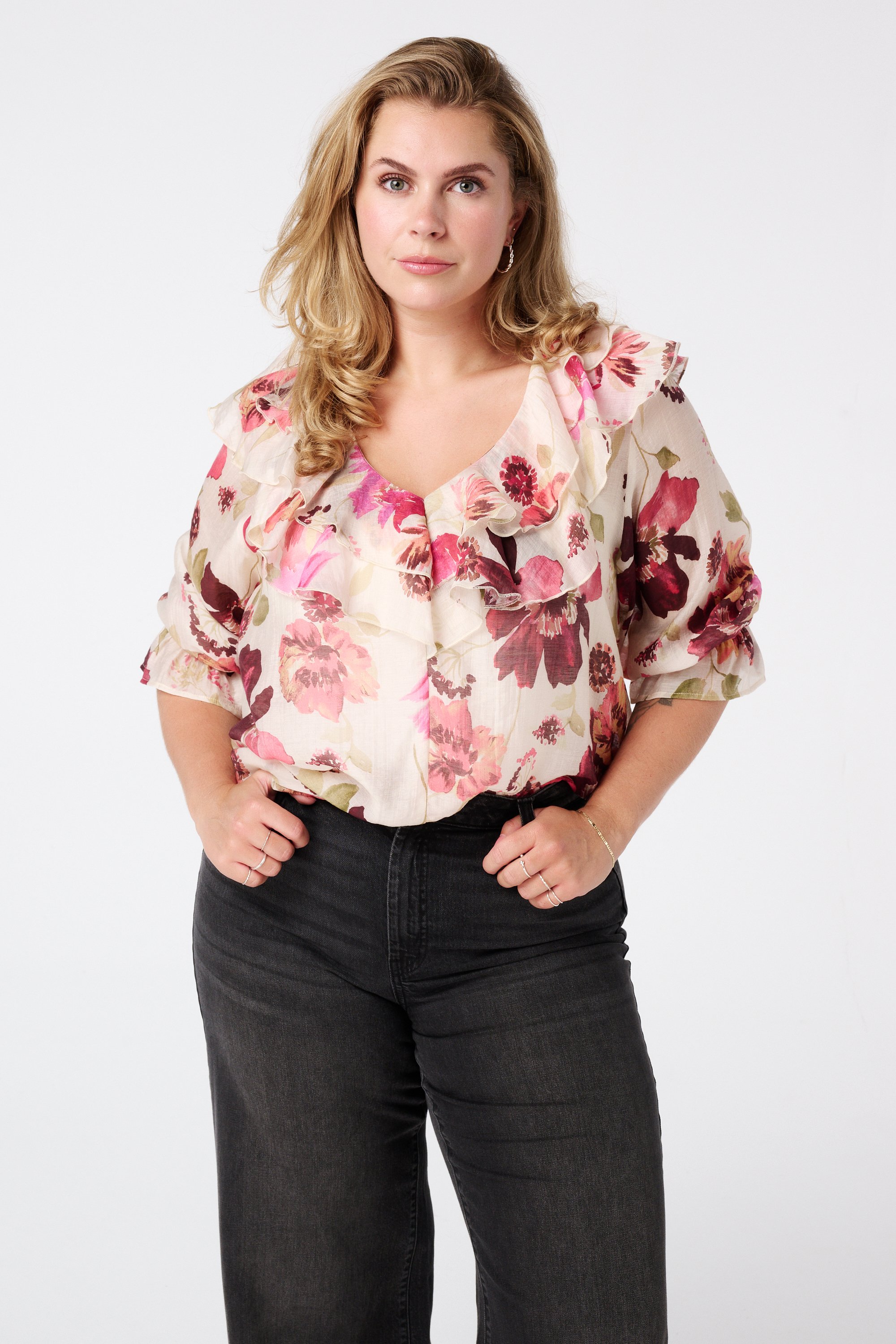 Blouse met ruches en print Multi Pink